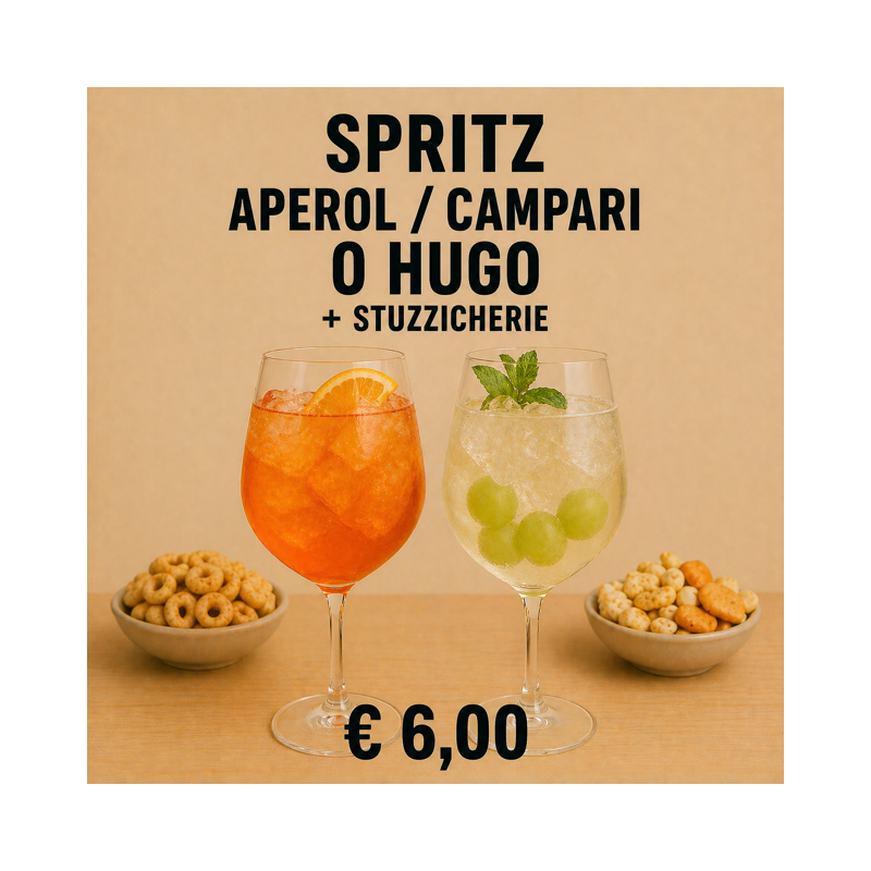 Spritz Aperol/Campari o Hugo (compreso di stuzzicherie)